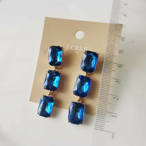 J Crew Three Tier Emerald Cut Drop Earrings Sapphire Blue NOC Gold Plated